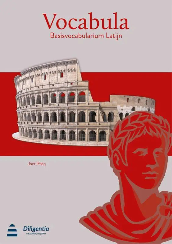 Rood illustratief omslag van vocabula basisvocabularium latijn met colosseum en Romeinse buste voor latijnstudie