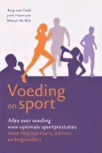 Het boek voeding en sport toont een paarse kaft met oranje titel en gestileerde sporters voor optimale prestaties