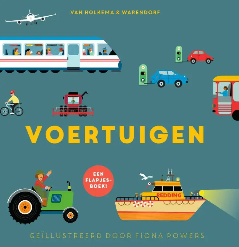 Kleurrijk kinderboek voertuigen met diverse geïllustreerde voertuigen op een turquoise achtergrond voor jonge lezers