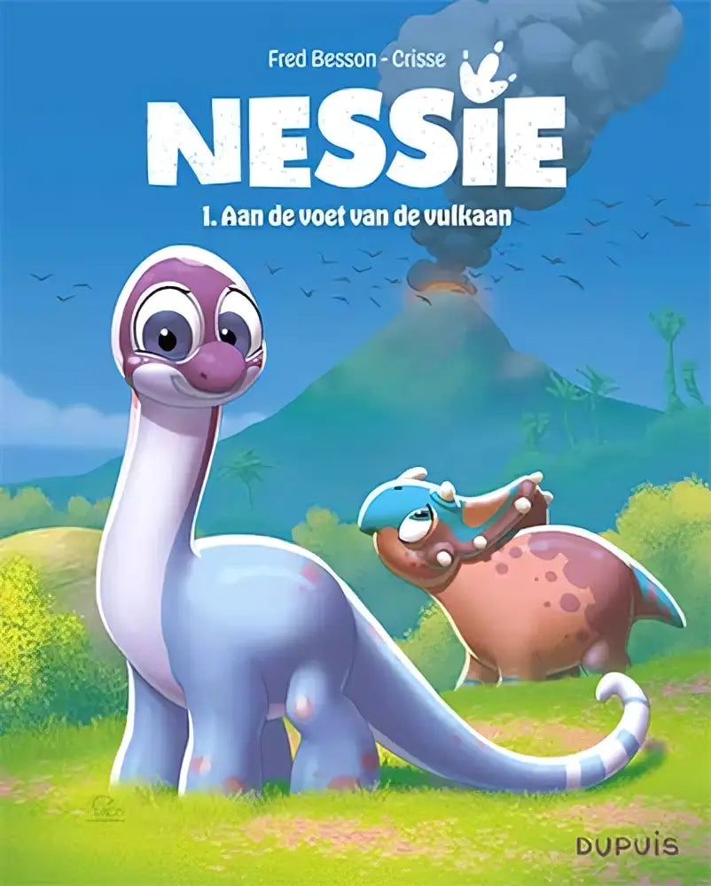 Aan de voet van de vulkaan toont een paarse en lichtblauwe cartoon dinosaurus met lange nek en kleinere bruine dinosaurus met helm in strips algemeen