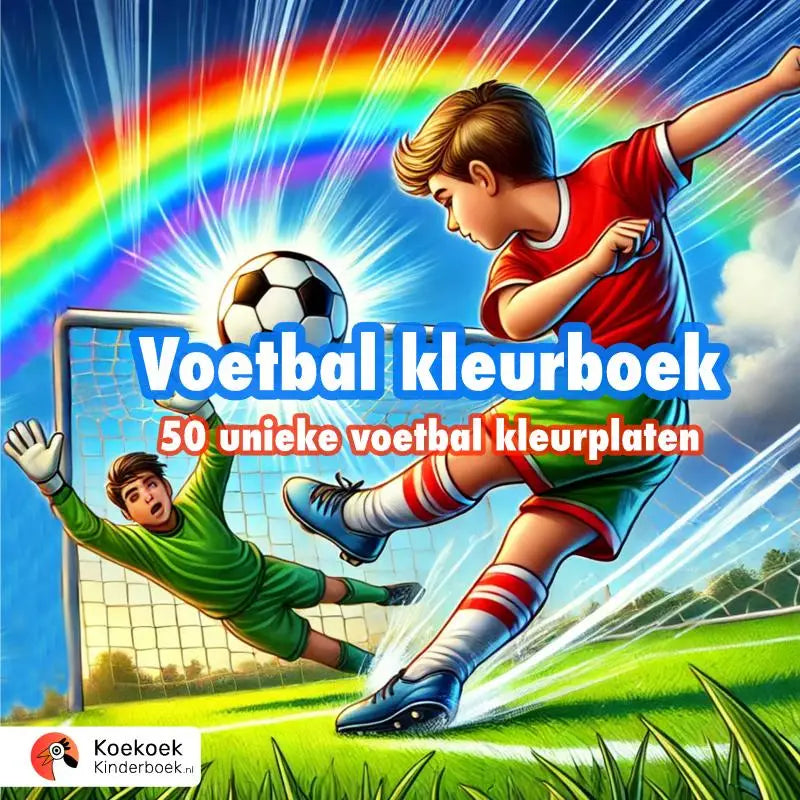 Vibrante voetbal kleurboek voor kinderen met unieke voetbal kleurplaten van jongen in rood die scoort onder een regenboog