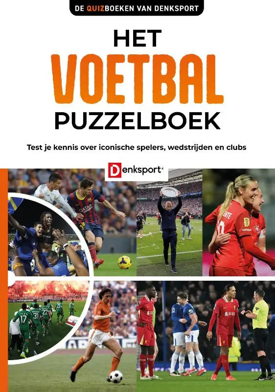Het voetbal puzzelboek heeft een levendige oranje en zwarte omslag met iconische voetbalspelers, clubs en wedstrijden