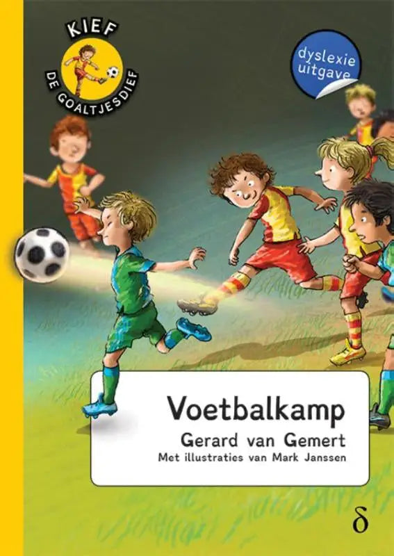 De voorkant van het kinderboek Voetbalkamp van Gerard van Gemert toont jonge voetballers in actie goaltjesdief deel