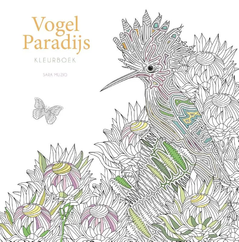 Vogel paradijs kleurboek met gedetailleerde zwart-wit lijntekening van vogel en sierlijke bloemmotieven door sara muzio
