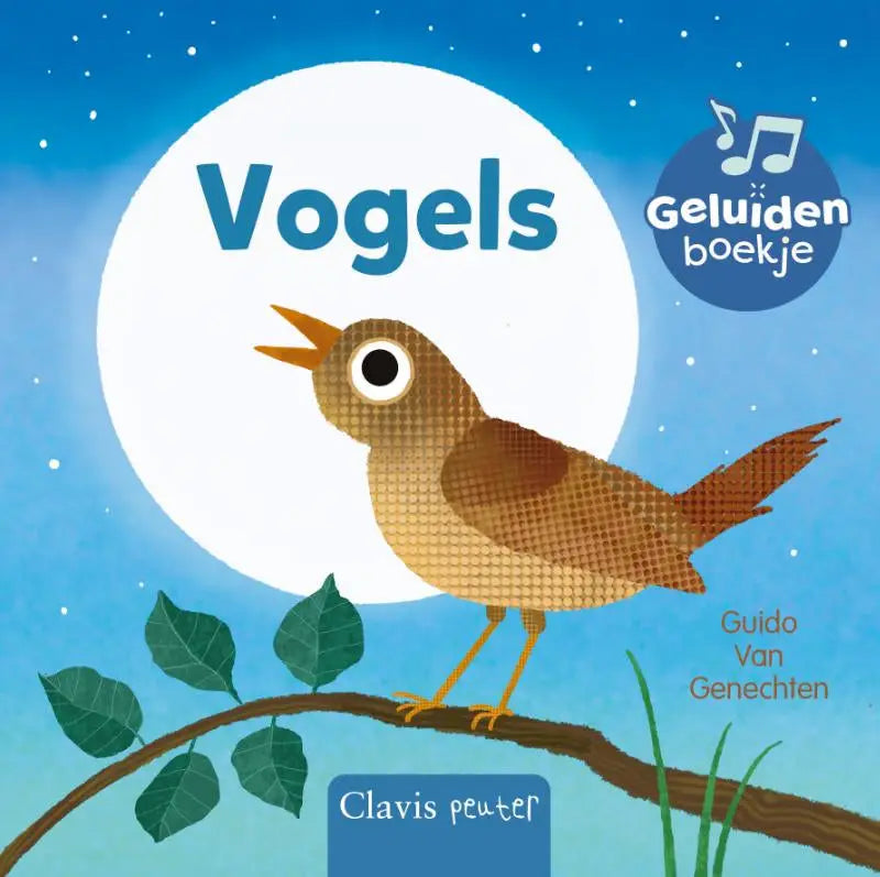 A charmante bruine vogel met een oranje snavel op een tak tegen een sterrenhemel in vogels geluidenboekje van clavis bvba