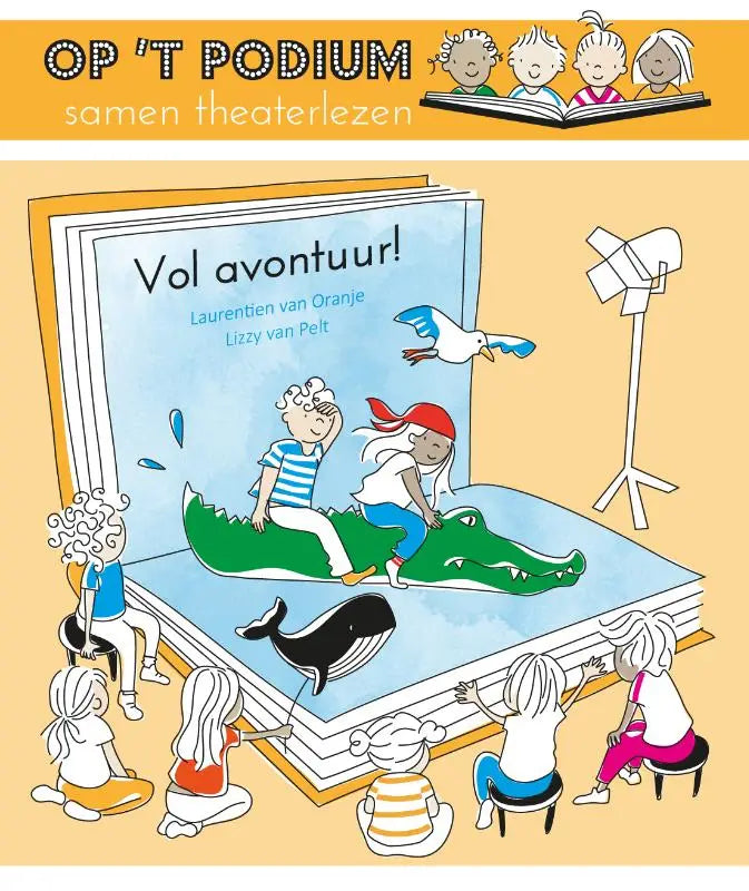Vol avontuur is een kleurrijk kinderboek voor jonge lezers met illustraties van kinderen op een groene alligator