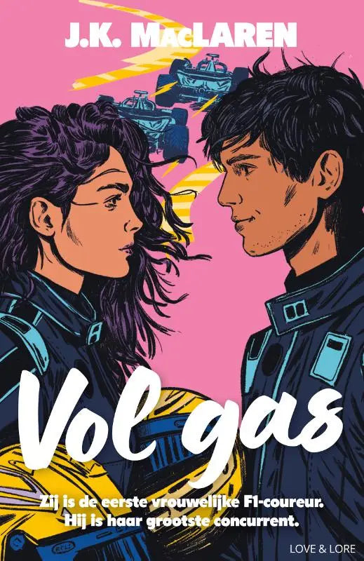 Pink boekomslag van nederlandstalige romance volt gas met twee geïllustreerde personages in racepakken en formule 1 auto’s