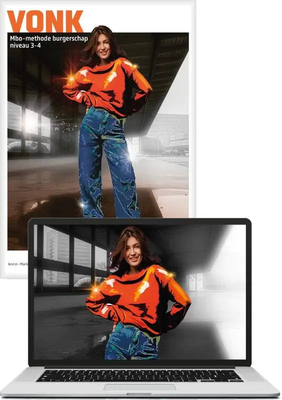 Vrouw draagt vonk combinatiepakket met oranje top met gele bliksemschichten en brede blauwe spijkerbroek