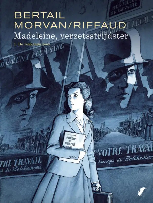 Blauwgetinte geïllustreerde boekomslag van de vonkende roos met vrouw in pak, boek en koffer voor politieke posters