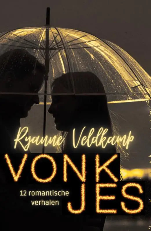 Transparante, goudkleurige paraplu met zwart handvat die twee silhouetten beschermt in vonkjes romantische verhalen