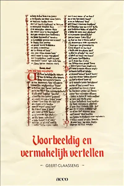 Vintage stijl boek voorbeeldig en vermakelijk vertellen met rode titel op creme papier van acco uitgeverij lage landen