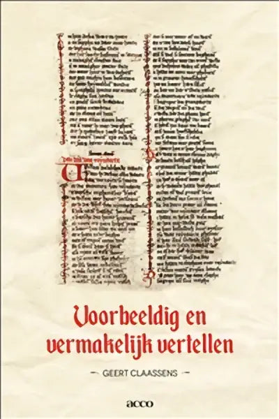 Vintage nederlandstalig boek voorbeeldig en vermakelijk vertellen met rode titel en zwarte tekst door gerard claassens over lage landen