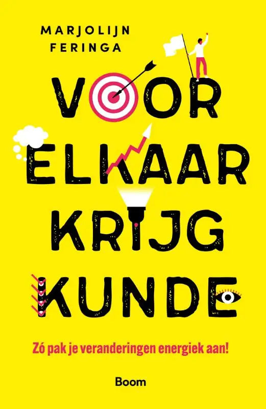 Bright yellow book cover of voorelkaarkrijgkunde with bold black text and playful illustrations energiek omgaan met veranderingen