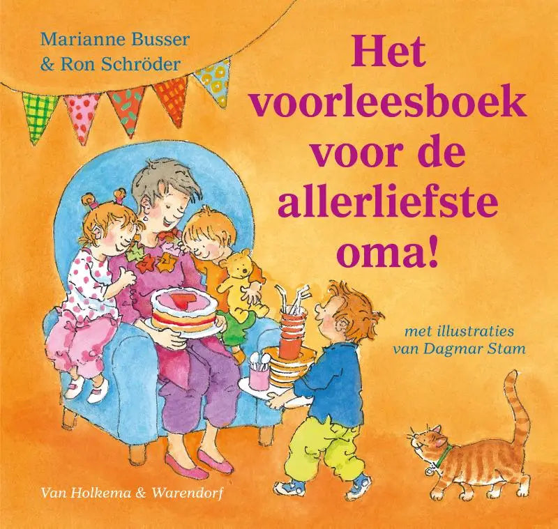 Vibrant orange childrens book cover featuring warm illustration of elderly woman and two girls celebrating cake for allerliefste oma young readers