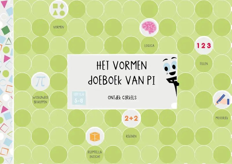 De cover van het vormen doeboek van pi heeft een lichtgroene achtergrond met overlappende cirkels en de titel ontdek cirkels in zwarte tekst