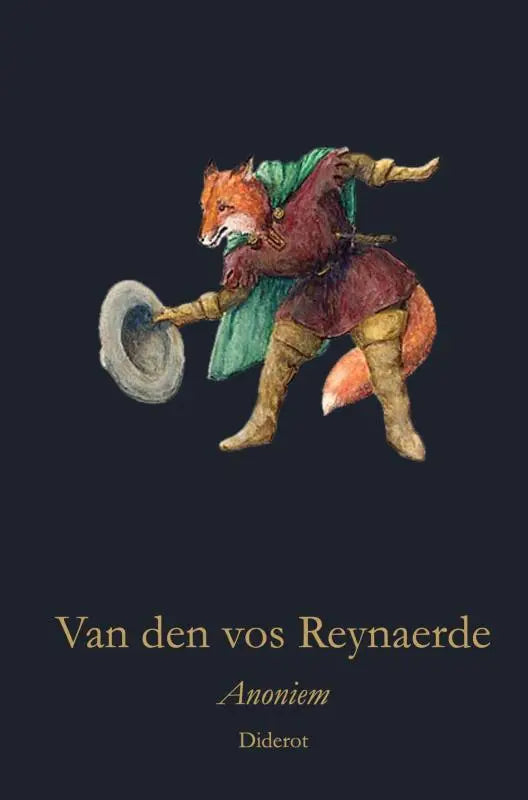 Een speelse illustratie van een vos reynaerde in middeleeuwse kleding met een bordeauxrode tuniek en groene mantel