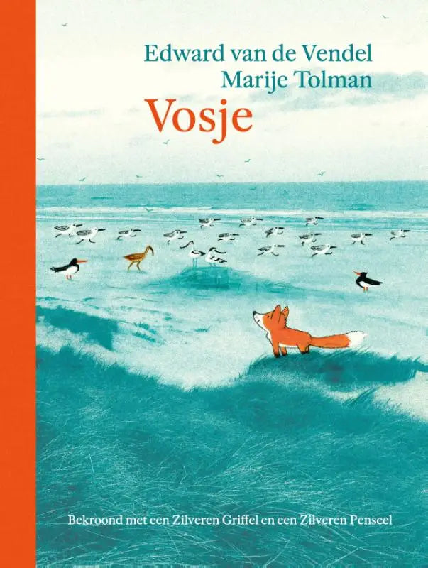 Illustratie van oranje vos op een teal oceaanthema boekomslag voor jonge lezers getiteld vosje