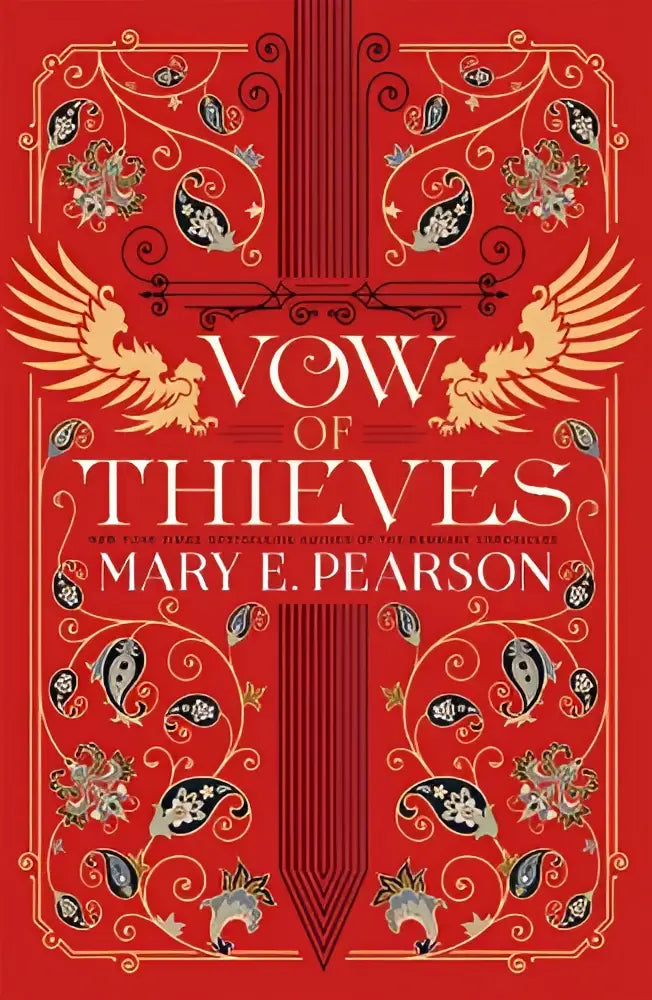 Rode boekvlag met sierlijke goud- en zwart bloemmotieven voor vow of thieves de sensationele young adult fantasy van mary e