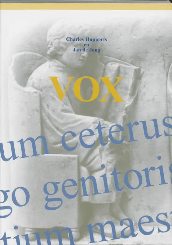De boekcover van vox basiswoordenlijst latijn toont gele letters met een grijze steen sculptuur en blauwe latijnse tekst