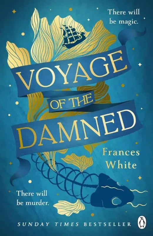 Blauw en gouden geïllustreerde boekomslag van voyage of the damned door frances white uitgegeven door penguin