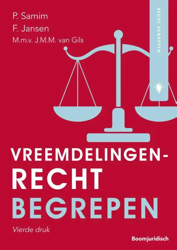 Red book cover of vreemdelingenrecht begrepen by flip jansen and parviz samim with light blue scales illustration