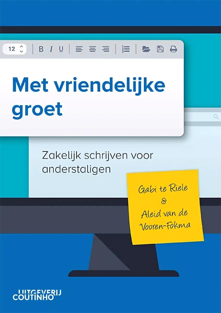 Blauw-witte boekcover met titel vriendelijke groet en een computerscherm met tekstopmaak voor zakelijk schrijven