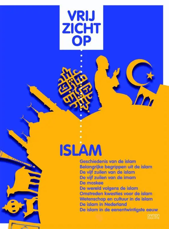 Vrij zicht op islam poster met blauw en geel ontwerp met biddende silhouetten maan ster moskee en arabische kalligrafie
