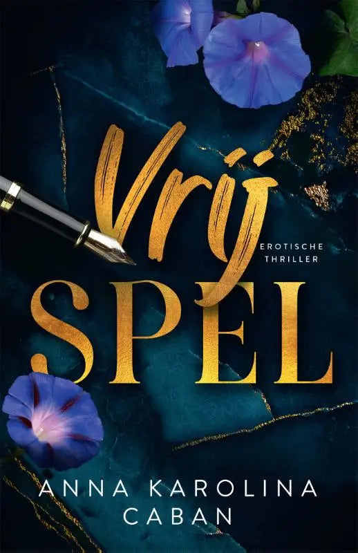 Vrije spel product met gouden folie titeltekst op donker teal marmerachtige achtergrond