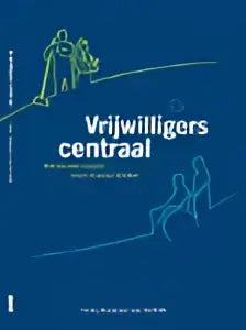 Blauw boekvrijwilligers centraal met witte lijntekeningen van lopende mensen en titel in witte letters van cindy koopsen-van maatschappij algemeen