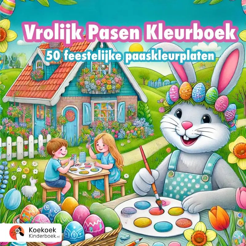 Kleurboek vrolijk pasen met feestelijke paaskleurplaten van een vrolijke konijn en kinderen die eieren schilderen