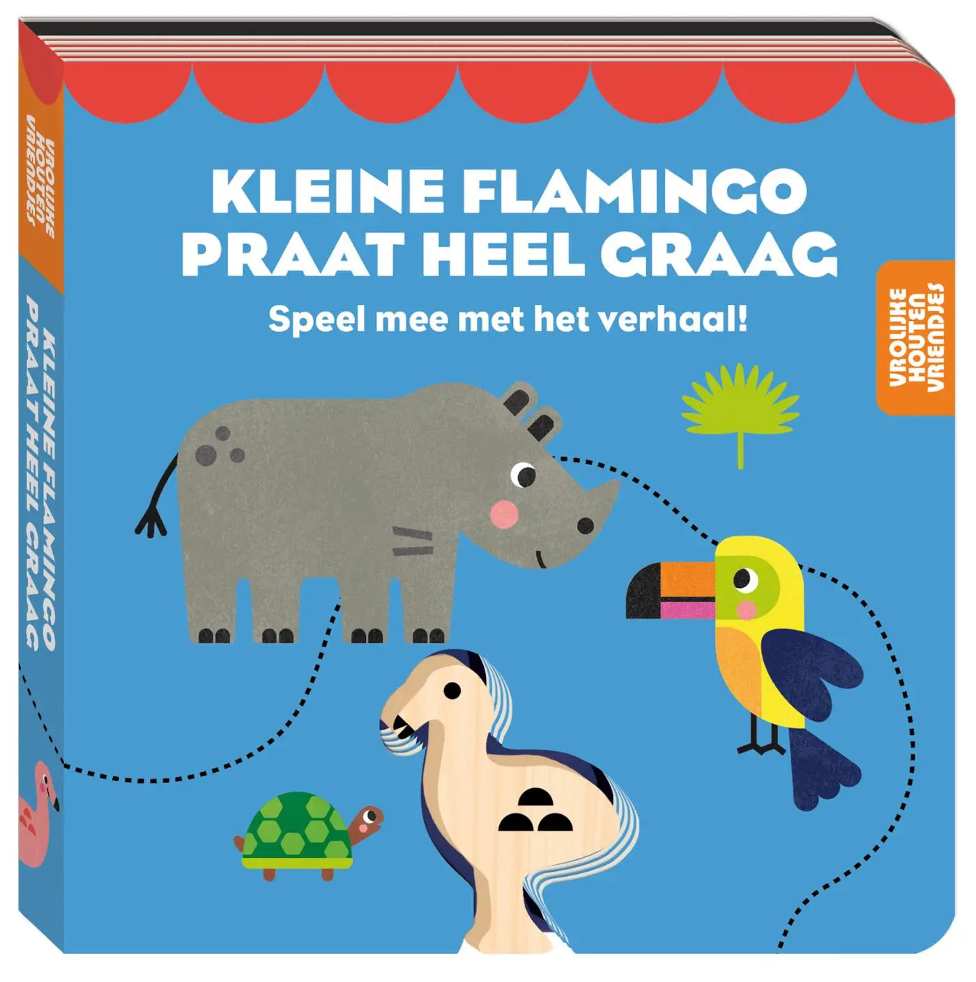 Blauwe vrolijke houten vriendje kinderboek kleine flamingo praat heel graag met cartoon dieren zoals neushoorn en toekan