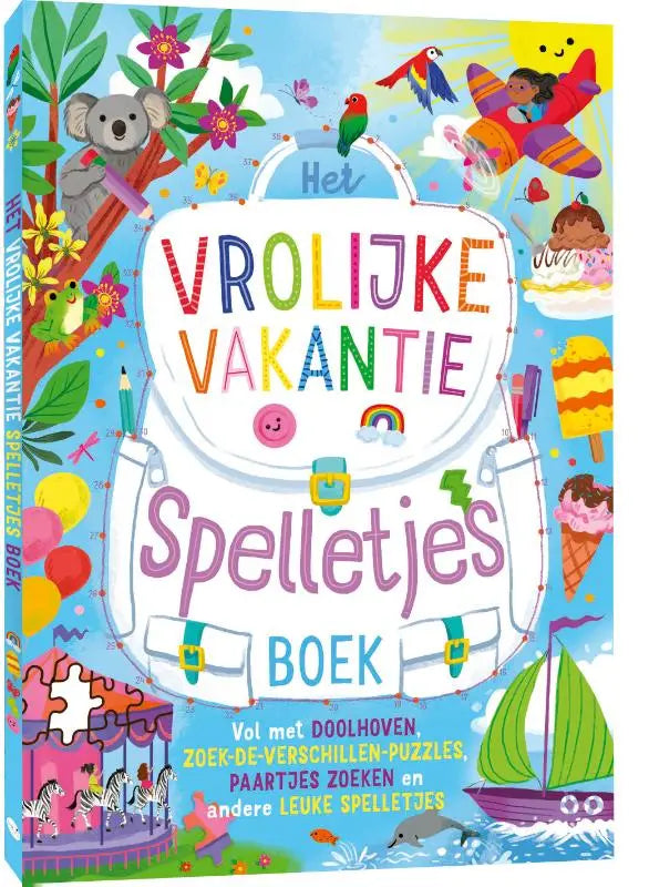 Het vrolijke vakantie spelletjesboek is een kleurrijk vakantie spelletjesboek met dieren, vliegtuigen en strandillustraties