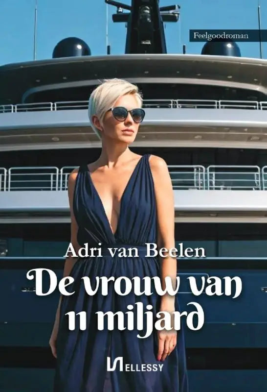 Vrouw met kort blond haar en donkere zonnebril draagt navy blauwe mouwloze jurk met diepe v-hals uit de vrouw van 11 miljard