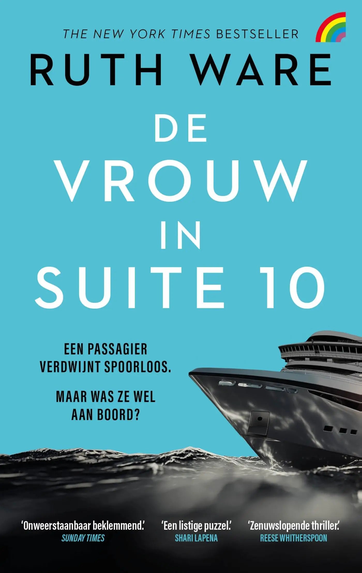 De vrouw in suite 10 boek met een donkergrijs cruiseschip en metallic accenten op een turquoise achtergrond