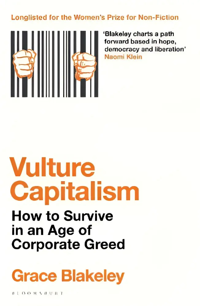 De boekomslag van vulture capitalism toont de titel in opvallende oranje letters op een witte achtergrond met ondertitel en auteur