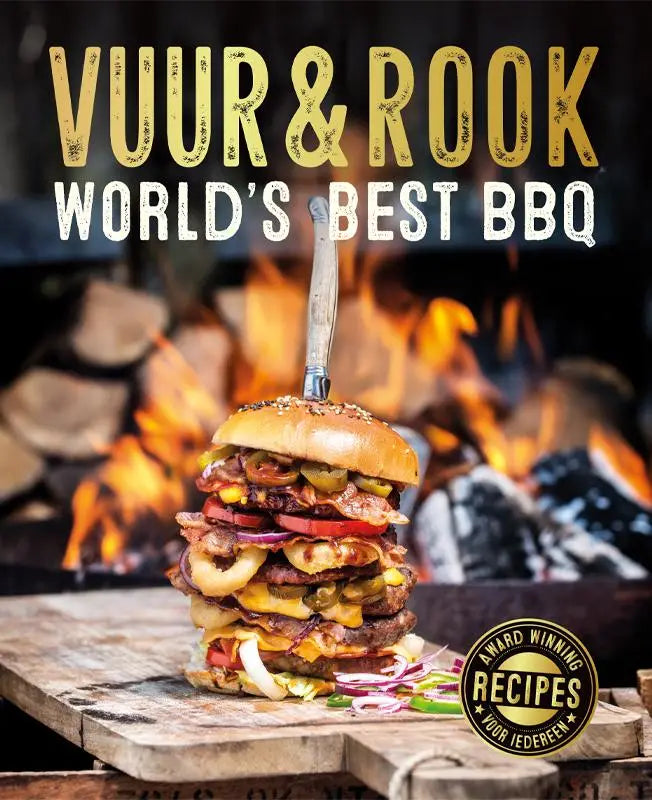 Vuur & rook stevige kaft boek met must-have bbq-tools en inspiratie uit amerikaanse bbq-stijlen en een meerlaagse burger