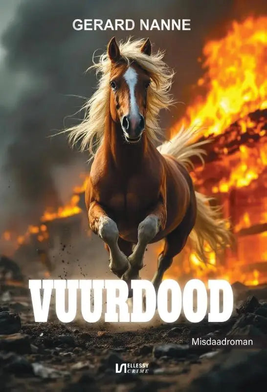 Een dynamisch kastanjebruin paard met een witte bles en golvende blonde manen galoppeert voor een vuurdood achtergrond