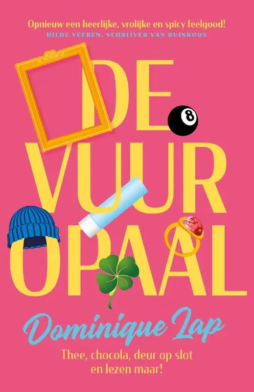 De vuuropaal boek met een levendige roze cover en gele titeltekst met speelse iconen zoals een oranje lijst en groene klaver