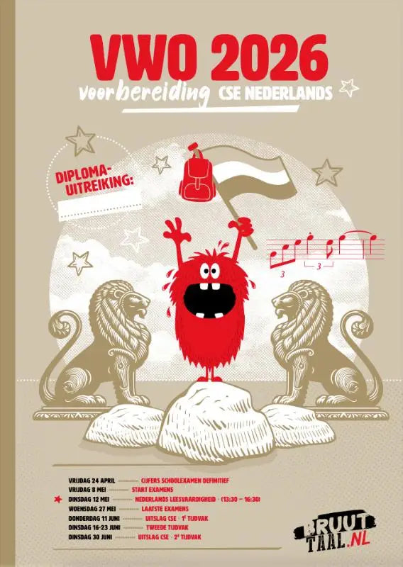 Rood, pluizig cartoonfiguur met wijde ogen op rotsachtige sokkel tussen gouden leeuwen voor voorbereiding cse nederlands examenbundels bruuttaal