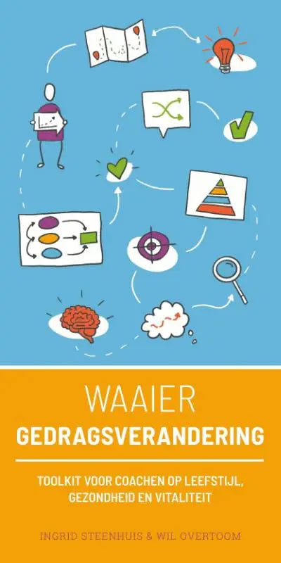 De boekcover van waaier gedragsverandering door ingrid steenhuis en wil overtoom toont lichtblauwe achtergrond met witte lijniconen van brainstormen en doelen stellen