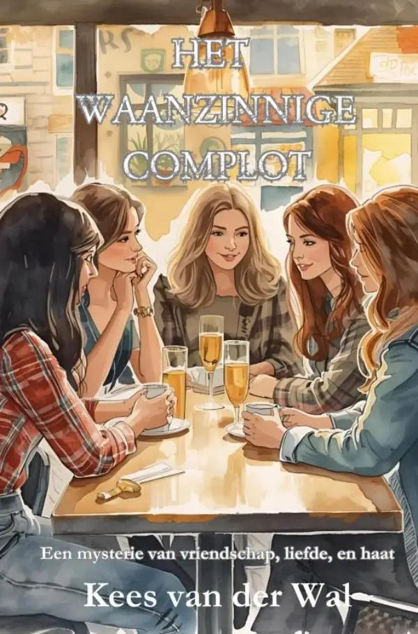Het boekcover van het waanzinnige complot toont vijf vrouwen rondom een tafel in een sfeervol café bij kaes van der wal