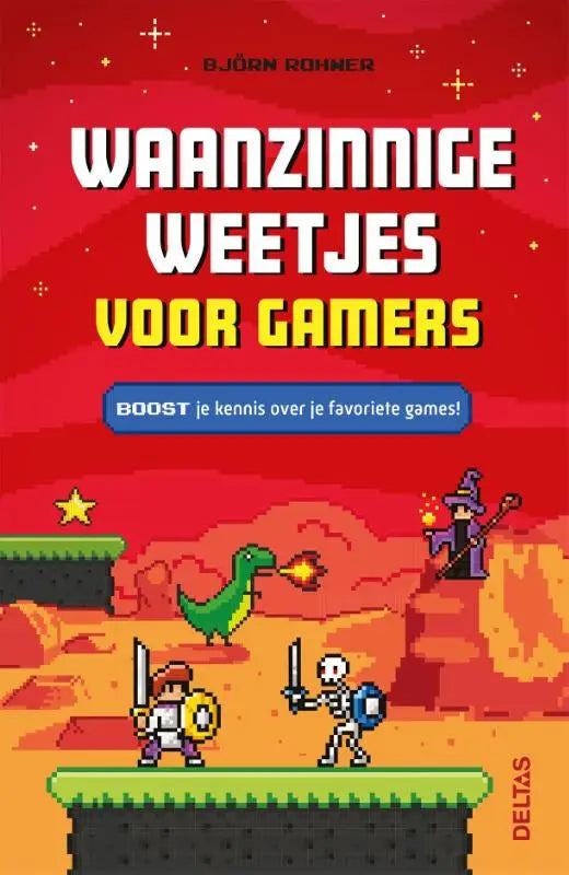 Vibrant rode boekcover van waanzinnige weetjes voor gamers door björn rohwer met pixel-art karakters en groene dinosaurus