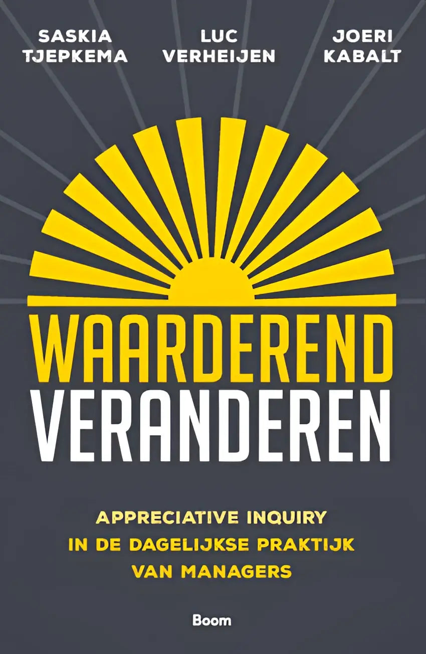 Donkere grijze boekomslag waarderend veranderen met gele zonnestraal logo door joeri kabalt en luc verheijen