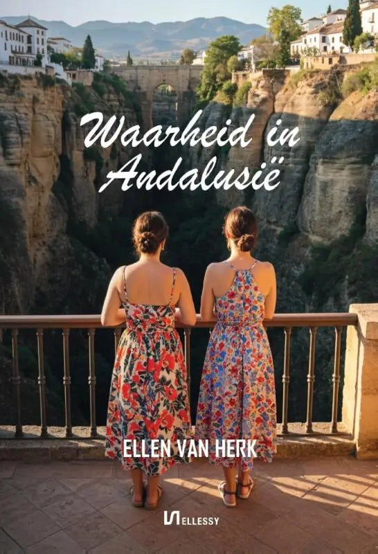 Twee vrouwen in bloemen zomerjurken staan rug aan rug op een stenen brug met uitzicht op een kloof in andalusië