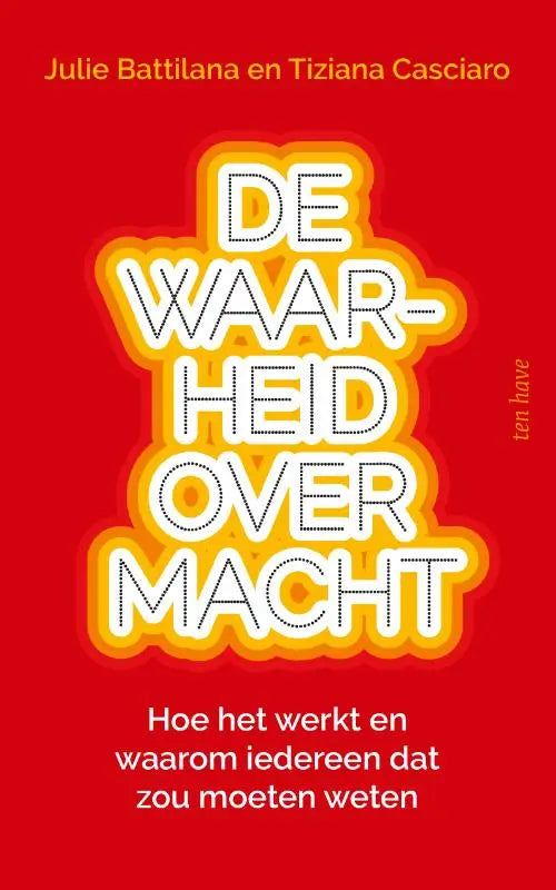 Vibrant rood boekcover van de waarheid over macht met vet, gestileerd wit en geel tekstontwerp met gestippelde omlijning