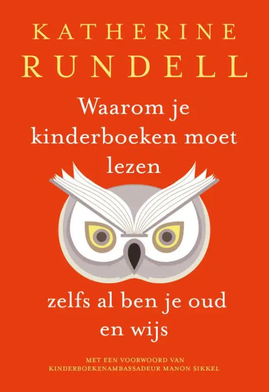 Een gestileerde witte uil met gele ogen en een zwart snavel als open boek op oranje achtergrond voor kinderboeken lezen