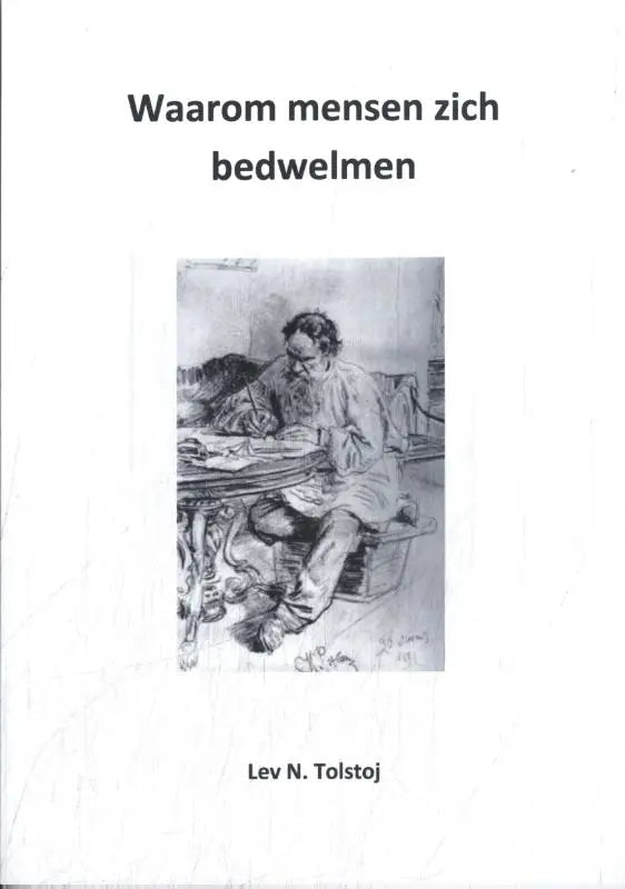 Zwart-wit schets van een bebaarde man zittend aan tafel en schrijvend op product waarom mensen zich bedwelmen