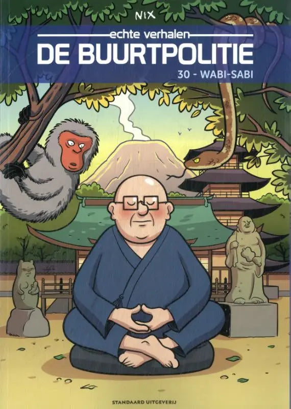 Blauwe gewaad dragende cartoonmonnik met bril mediteert zittend onder een boom voor wabi-sabi strips algemeen