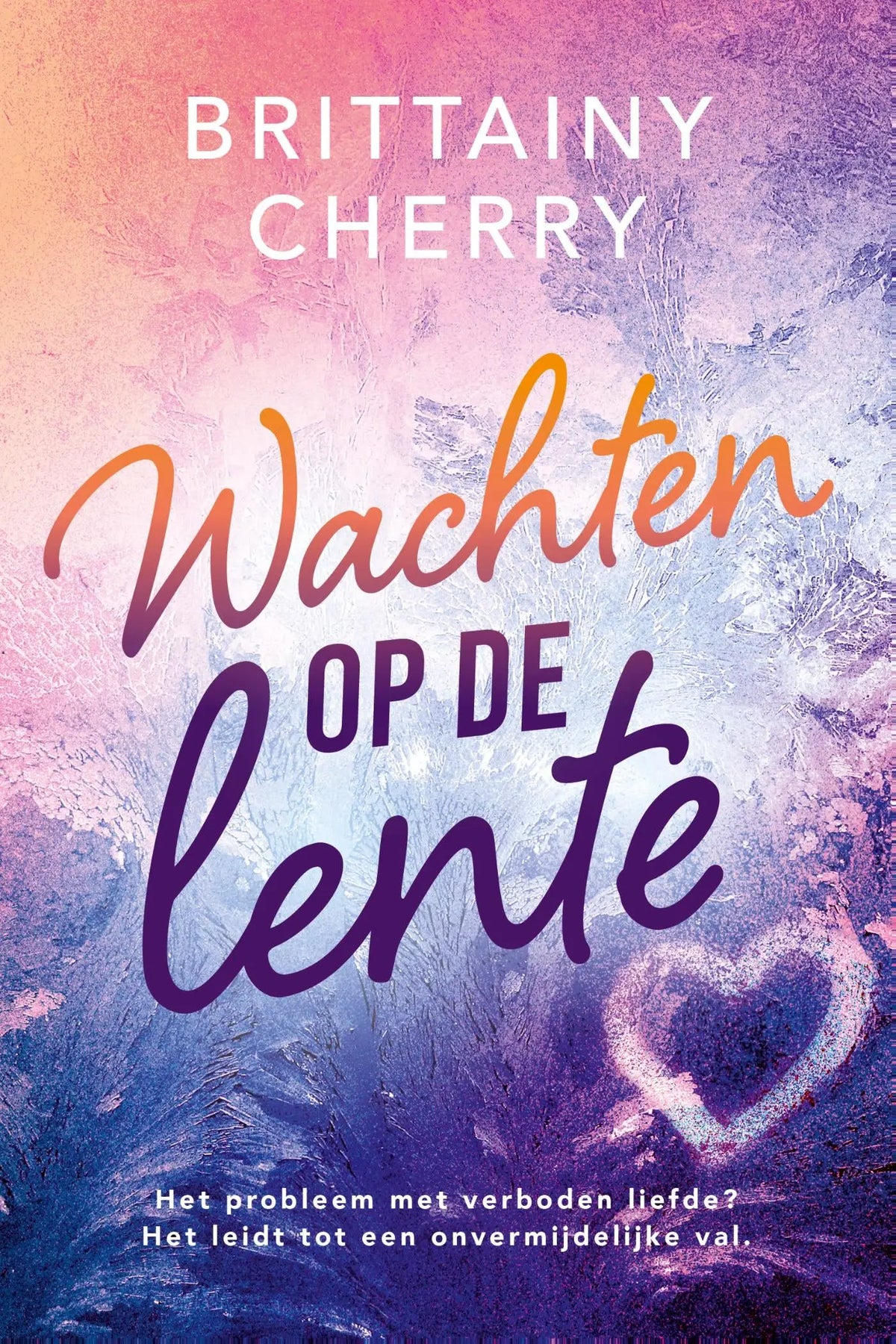De boekcover van wachten op de lente door brittanny cherry toont een roze paarse vbk media achtergrond met rijmtexturen