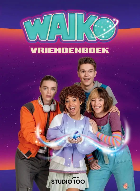 De kaft van het waiko vriendenboek toont vier jonge lezers tegen een paarse en oranje achtergrond met stijlvol titelontwerp